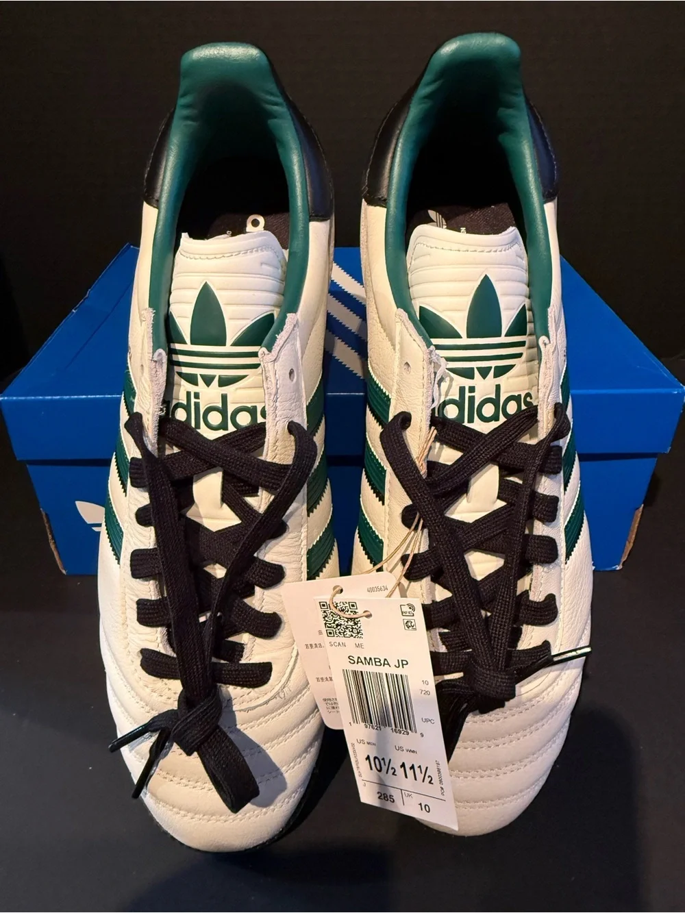 adidas Samba Leather Sneaker - White with Dark Green Stripes and Black Sole